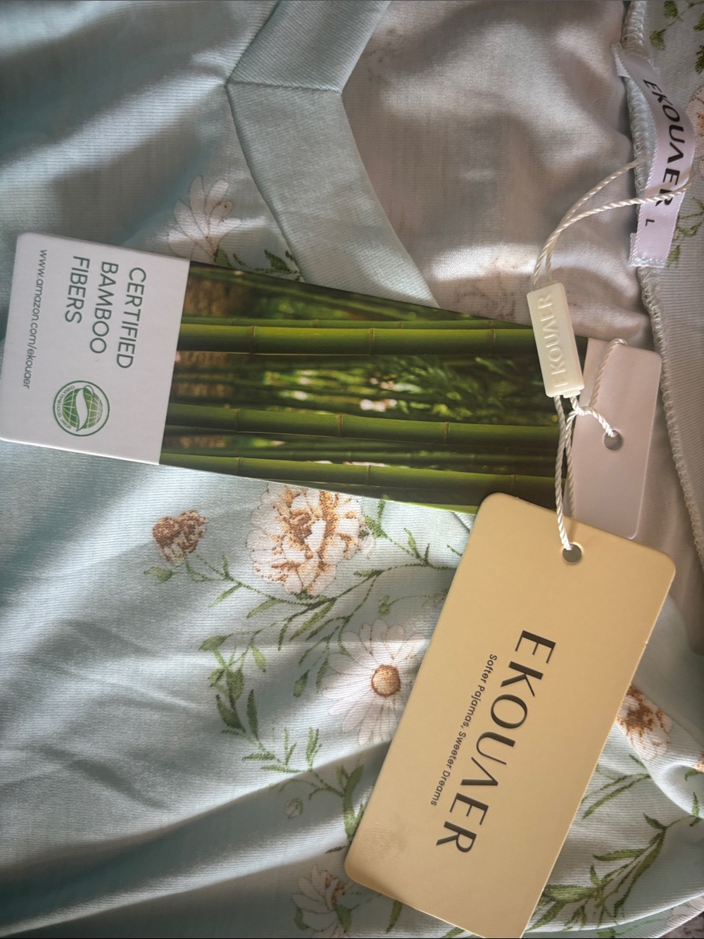 NWT-Ekouaer Floral Certified Bamboo Fibers Sleep Shirt - Light Mint - Picture 3 of 4